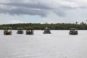 Foto de cinco barcos de pequeno porte durante barqueata no estuário do Rio Formoso