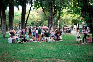 Vista aberta do parque da Jaqueira, com diversos grupos fazendo piqueniques ou sentadas sobre a grama, à sombra das árvores.