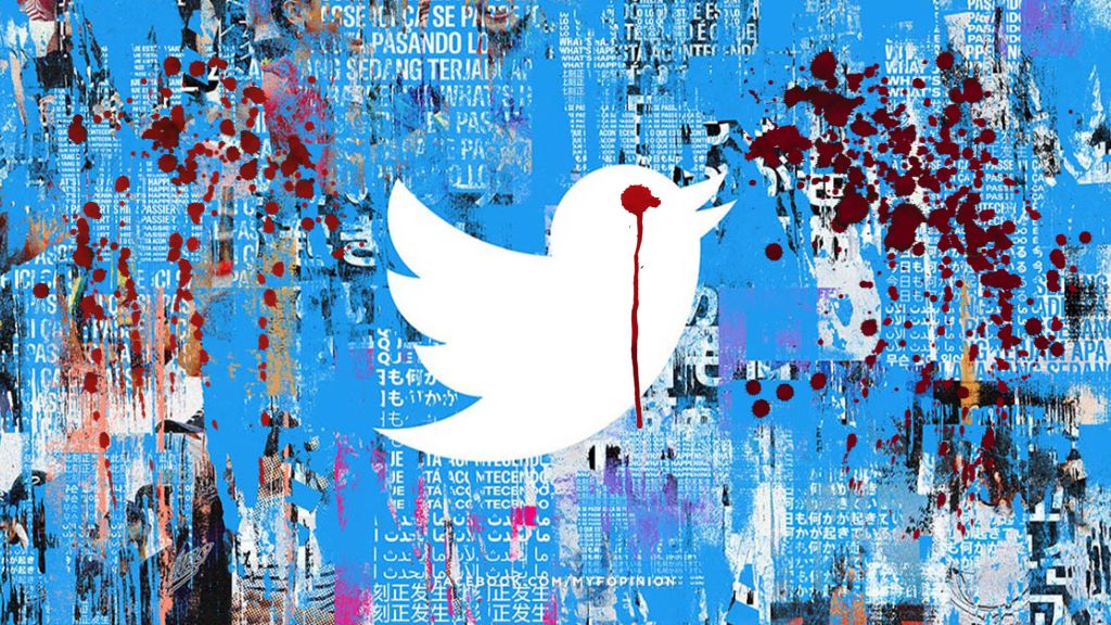 Ilustração do pássaro que é a marca do Twitter, na cor branca, sobre fundo azul, com manchas de sangue. O próprio pássaro tem uma marca de sangue na altura do olho.