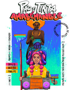 Poster bastante colorido, com arte de grafitti, de divulgação do festival Amarémangue