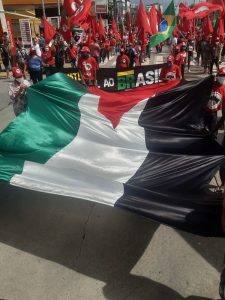 Bandeira da Palestina (listas horizontais preta, branca e verde, com triângulo vermelho do lado esquerdo), em primeiro plano, sendo carregada por militantes no meio de uma avenida, durante manifestação Fora Bolsonaro, sendo seguida por várias pessoas carregando bandeiras vermelhas
