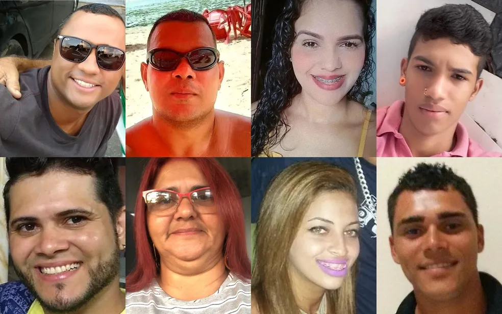 painel com fotos dos rostos dos 8 mortos - cinco homens e três mulheres - dos dias 15 e 16 de setembro de 2023.