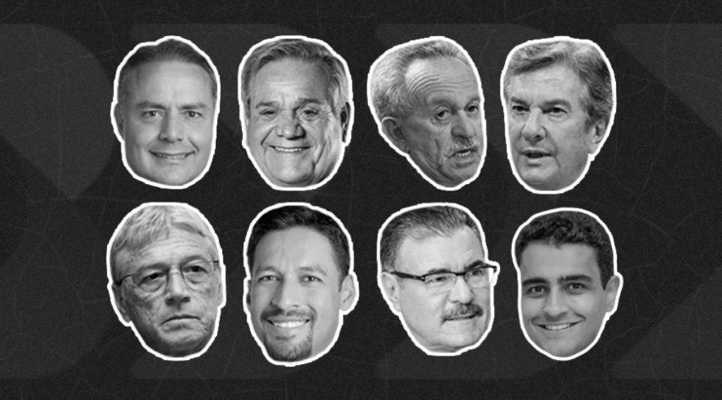 montagem em fundo preto com fotos dos rostos de oito políticos alagoanos,