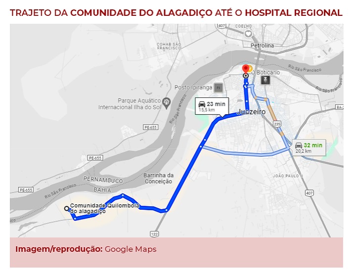 Mapa do Google maps com uma grossa linha azul indicando o trajeto da comunidade quilombola do Alagadiço até o Hospital Regional no centro de Juazeiro.