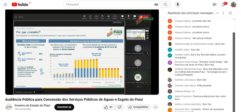 Imagem de chat da audiência pública para concessao dos serviços públicos de águas e esgoto do Piauí.