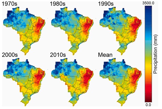 Nesta imagem, podemos observar uma série de mapas que mostram os níveis de precipitação no Brasil ao longo de diferentes décadas, desde a década de 1970 até a década de 2010, incluindo um mapa médio. As áreas com menos chuvas estão sinalizadas nas cores amarelo, laranja e vermelho, enquanto as regiões com chuvas mais intensas estão marcadas com azul escuro. Essa visualização é interessante porque permite uma comparação visual das mudanças climáticas ao longo do tempo.