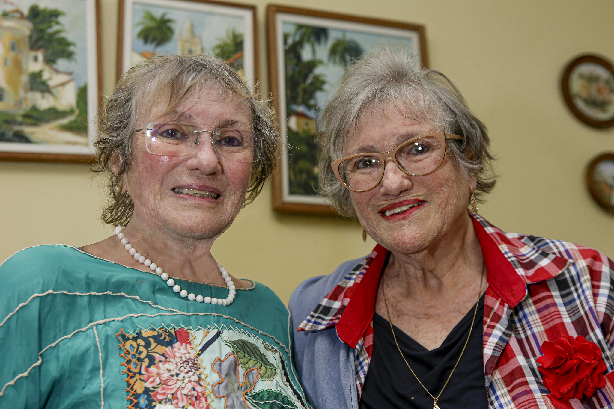 Foto de Teresa e Teresinha Braga de Moraes: elas são duas gêmeas idênticas, mulheres brancas, idosas, de cabelos claros e ralos, usando blusas de estampas coloridas. Elas foram fotografadas em uma sala fechada, de parede amarela, com quadros ao fundo.