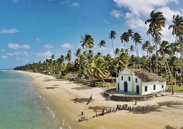 Foto aérea da praoa dos Carneiros. A imagem mostra uma cena tranquila de praia com uma pequena capela branca cercada por várias palmeiras altas. A capela tem um telhado vermelho e está situada na areia, perto da beira da água. O mar parece calmo, com ondas suaves, e o céu está claro com poucas nuvens.