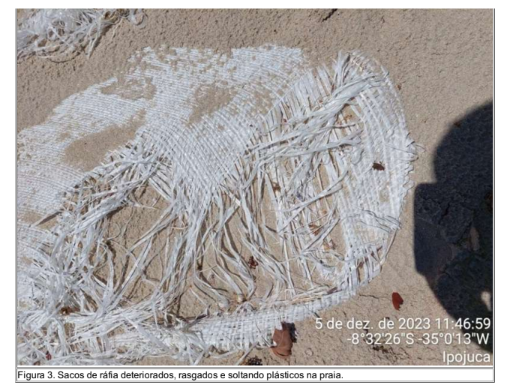 Essa imagem mostra sacos de ráfia deteriorados, rasgados e soltando plásticos na praia. A foto foi tirada durante o dia, e há uma sombra visível que pode ser da pessoa que tirou a fotografia. Esse cenário destaca a poluição ambiental, especificamente o problema do lixo plástico nas praias.