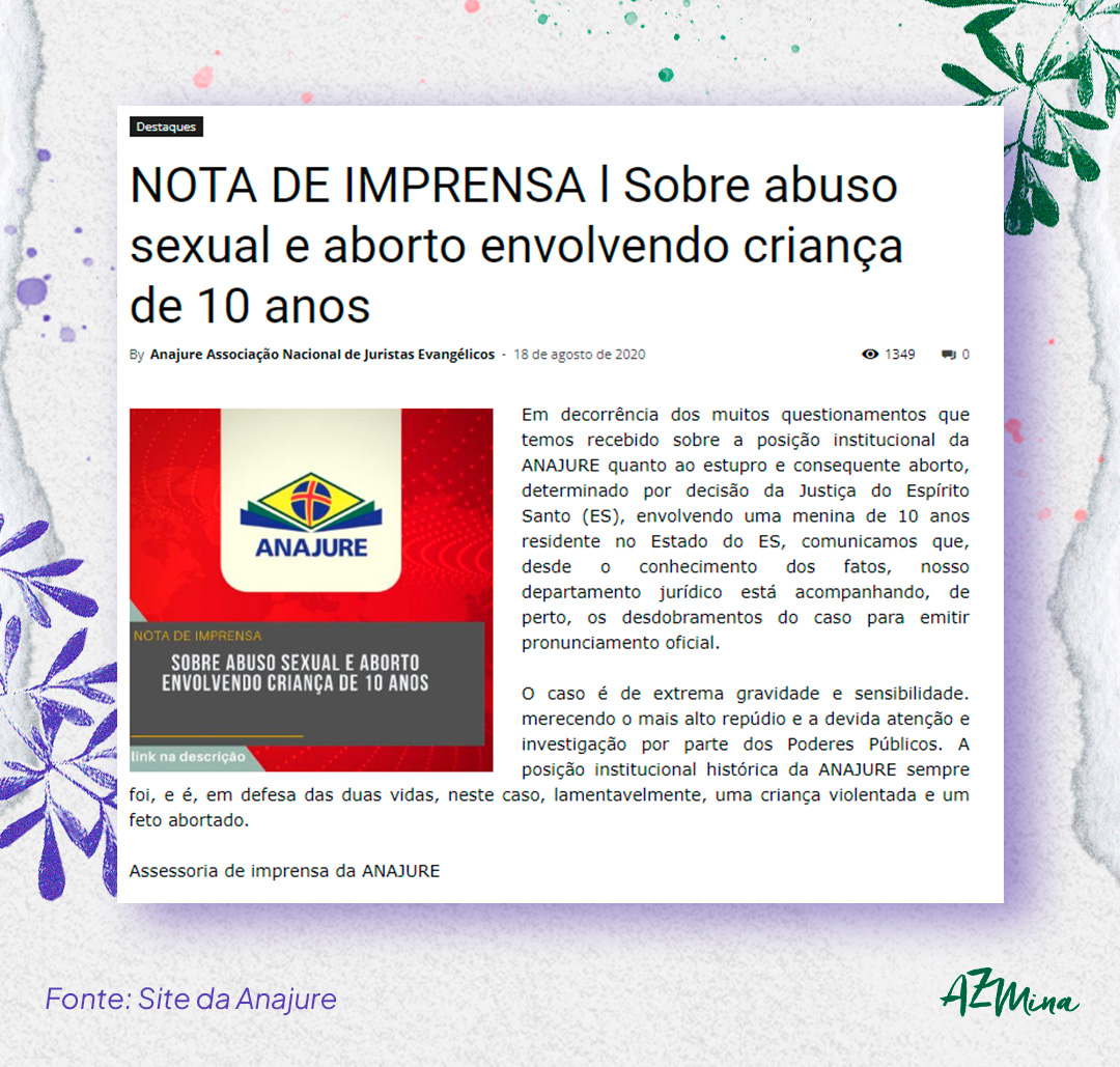 Imagem que reproduz nota à imprensa publicada pela Anajure (Associação Nacional de Juristas Evangélicos) sobre caso da menina de 10 anos que engravidou do tio estuprador e fez aborto em Recife.