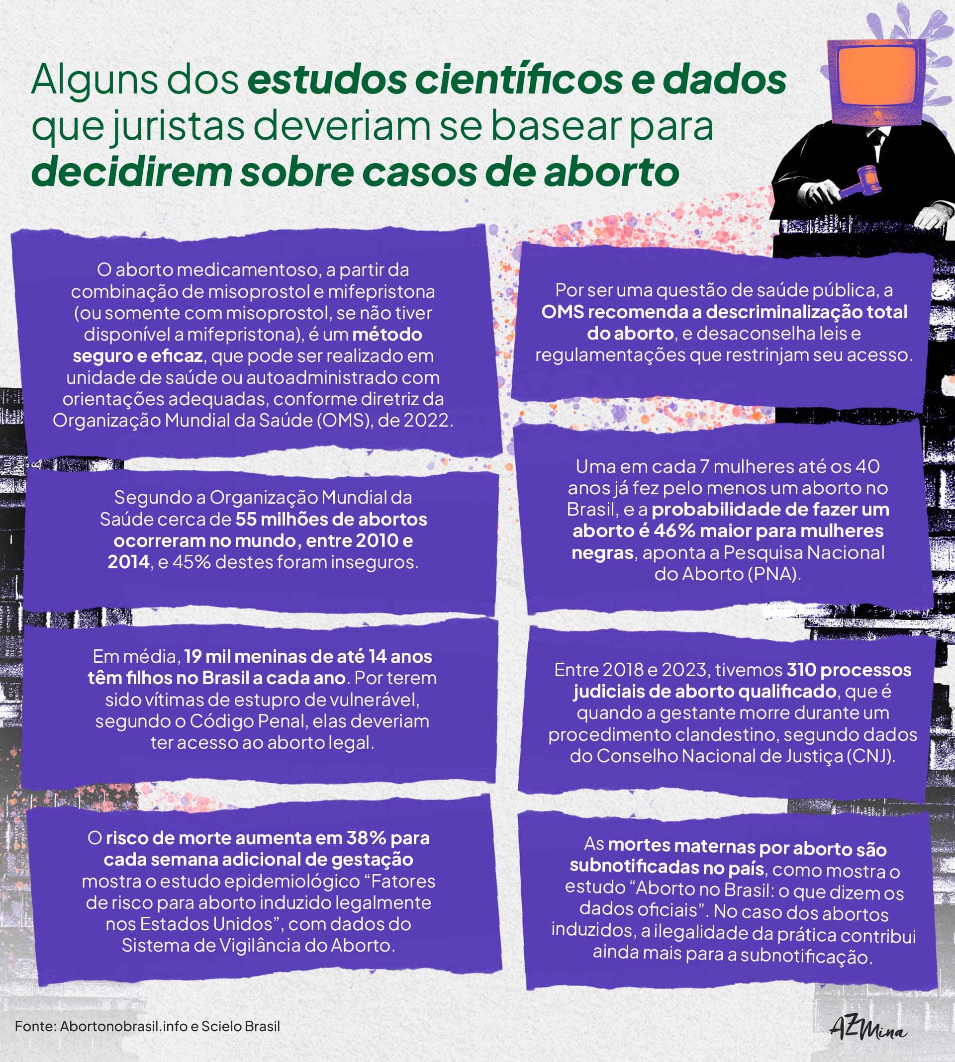 Infográfico com resumos de estudos científicos que juristas deveriam usar para basearem suas decisões em casos de aborto.