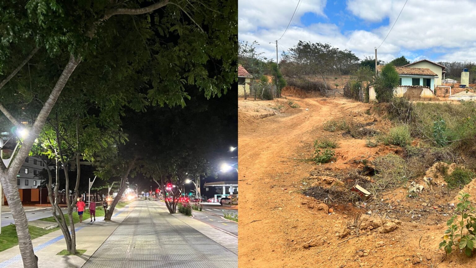 A imagem é dividida em duas partes, mostrando dois cenários diferentes lado a lado. À esquerda, há uma rua urbana bem iluminada à noite. A calçada é pavimentada, com postes de luz brilhantes e árvores verdes ao longo do caminho. Algumas pessoas estão caminhando na calçada e há uma faixa para bicicletas ao lado do caminho de pedestres. O ambiente parece limpo e organizado. À direita, há uma área de terreno acidentado com solo exposto e vegetação esparsa. Parece ser uma área rural ou não desenvolvida, sem pavimentação. Há postes e fios elétricos acima, e ao fundo, uma pequena casa com telhado verde e paredes que parecem ser de tijolos ou material similar.