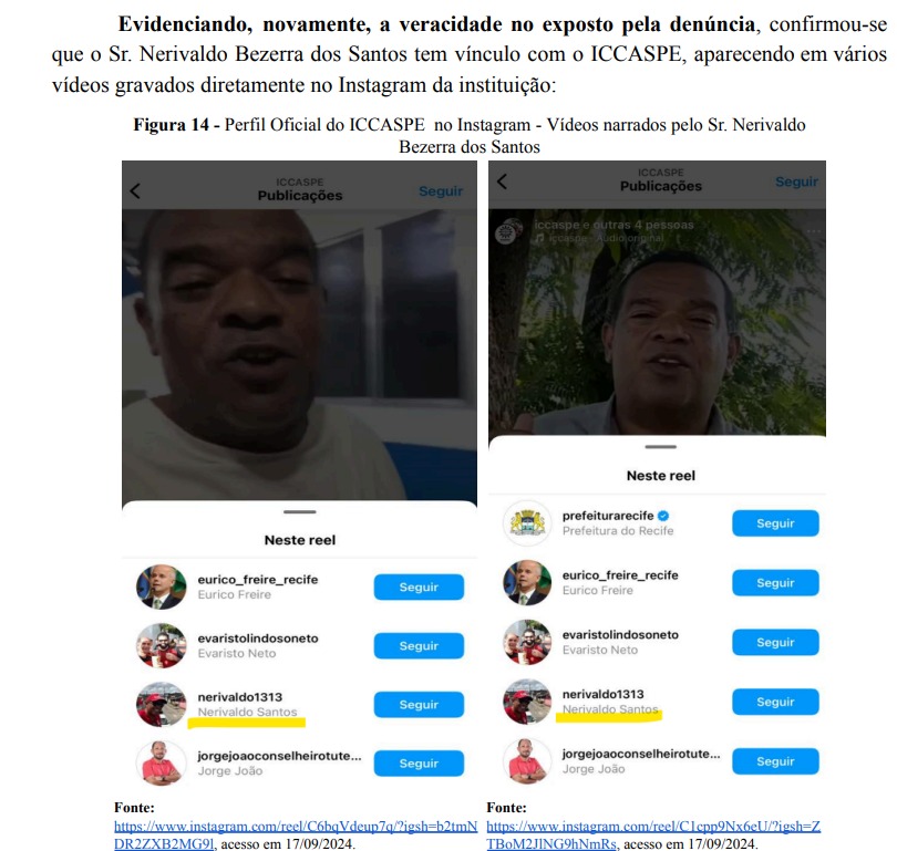 Prints do Instagram de Nerialdo Bezerra dos Santos com imagens de frames de vídeos de um homem negro se dirigindo para a câmera. Abaixo, aparecem listados outros perfis.