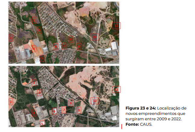 Fotos de satélites apontando ocupações urbanas na região da Muribeca entre 2009 e 2022.