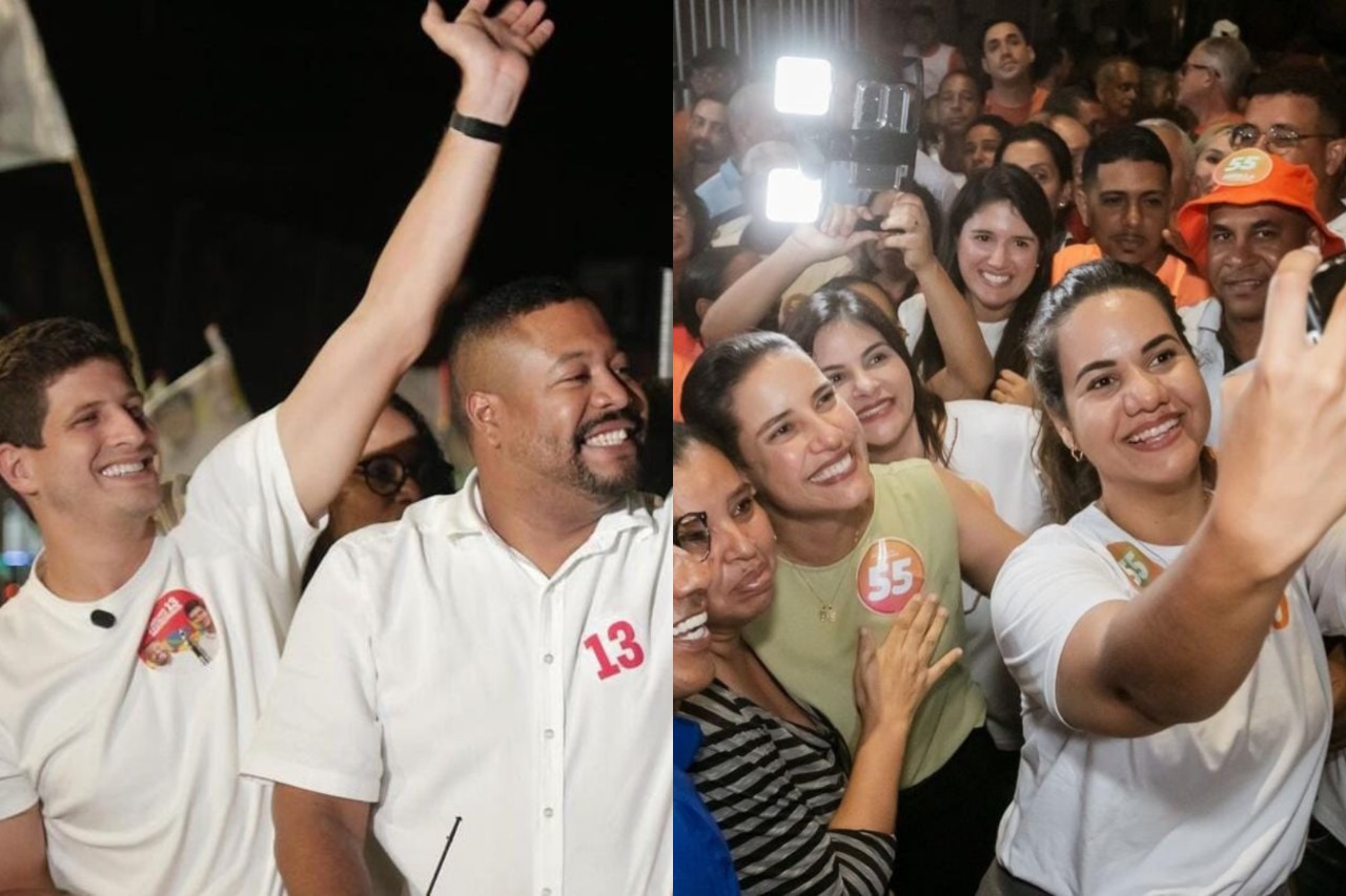 Colagem de duas fotos feitas à noite. À esquerda estão João Campos e Vinicius Castello, ambos de camisa branca, olhando para a direita e cenando; à direita, Mirella Almeida faz uma selfie com Raquel Lyra no meio de um aglomerado de pessoas.