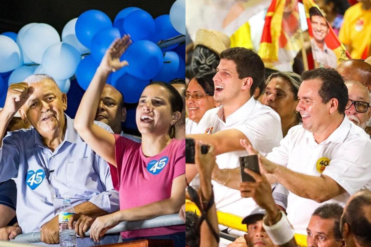 Colagem de duas fotos de campanhas eleitorais. À esquerda, Severino Ramos e Raquel Lyra fazem saudações em cima de um trio elétrico cercados por balões azuis; à direita, João Campos e Júnior Matuto, ambos de camisa branca, sorriem e acenas para a multidão no alto de um carro, em meio a bandeiras amarelas com detalhes vermelhos.