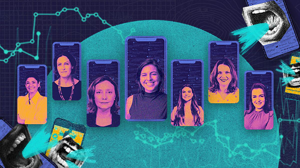 A imagem mostra várias telas de smartphones, cada uma exibindo o rosto de uma mulher, todas candidatas a prefeita de diferentes cidades e partidos. As telas estão dispostas em uma linha, com algumas inclinadas. No fundo, há gráficos de linhas e formas geométricas, sugerindo um tema relacionado à tecnologia ou comunicação digital. Nas bordas da imagem, há bocas abertas com megafones, simbolizando a amplificação de vozes ou mensagens. O fundo tem diferentes tons de azul, mais escuro na parte superior e mais claro ao centro e na porção inferior da imagem.