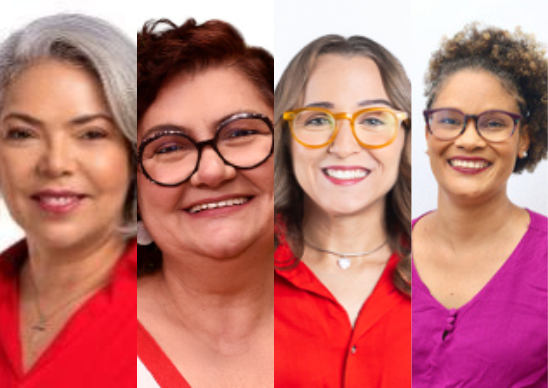 Montagem com foto de quatro mulheres. À esquerda, Liana Cirne, mulher branca, de meia-idade, de cabelos brancos, usando traje vermelho; Segunda à esquerda, close de Cida Pedrosa, mulher branca, de cabelos ruivos, com óculos de armação redonda; segunda à direita, Kari Santos, mulher jovem, loira de cabelos lisos, usando óculos de armação amarela redonda, vestindo traje vermelho; à direita, Jô Cavalcanti, mulher negra, jovem, de cabelos cacheados presos no alto da cabeça, usando óculos de armação marrom, usando trajes lilás.