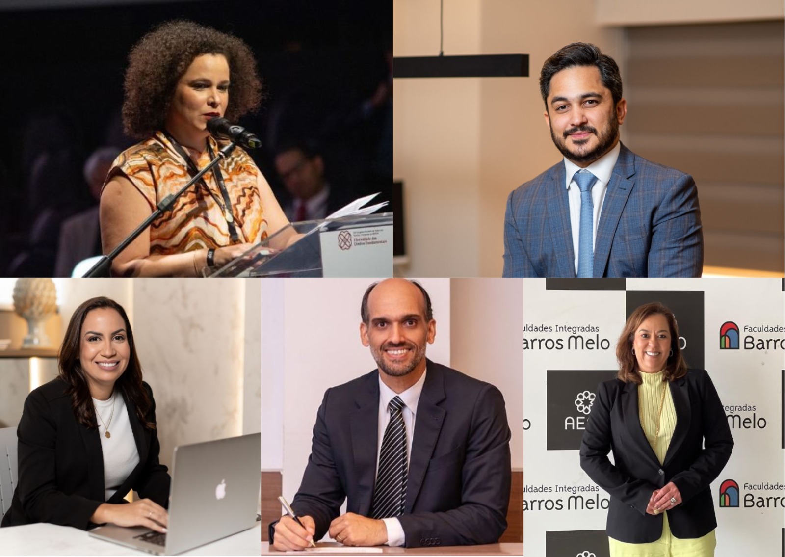 Montagem com foto de cinco pessoas: Luciana Brasileiro e Pedro Avelino, no alto, da esquerda para a direta; Diana Câmara, Frederico Preuss e Luzia Valois, na fileira de baixo, em ordem da esquerda para a direita.