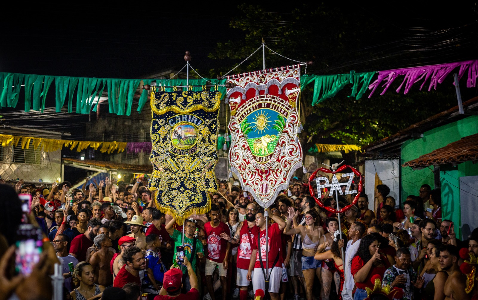 Foto colorida do Carnaval de Olinda à noite em que aparecem dezenas de foliões e foliãs e, em primeiro plano, os estandartes do Elefante de Olinda e do Cariri Olindense