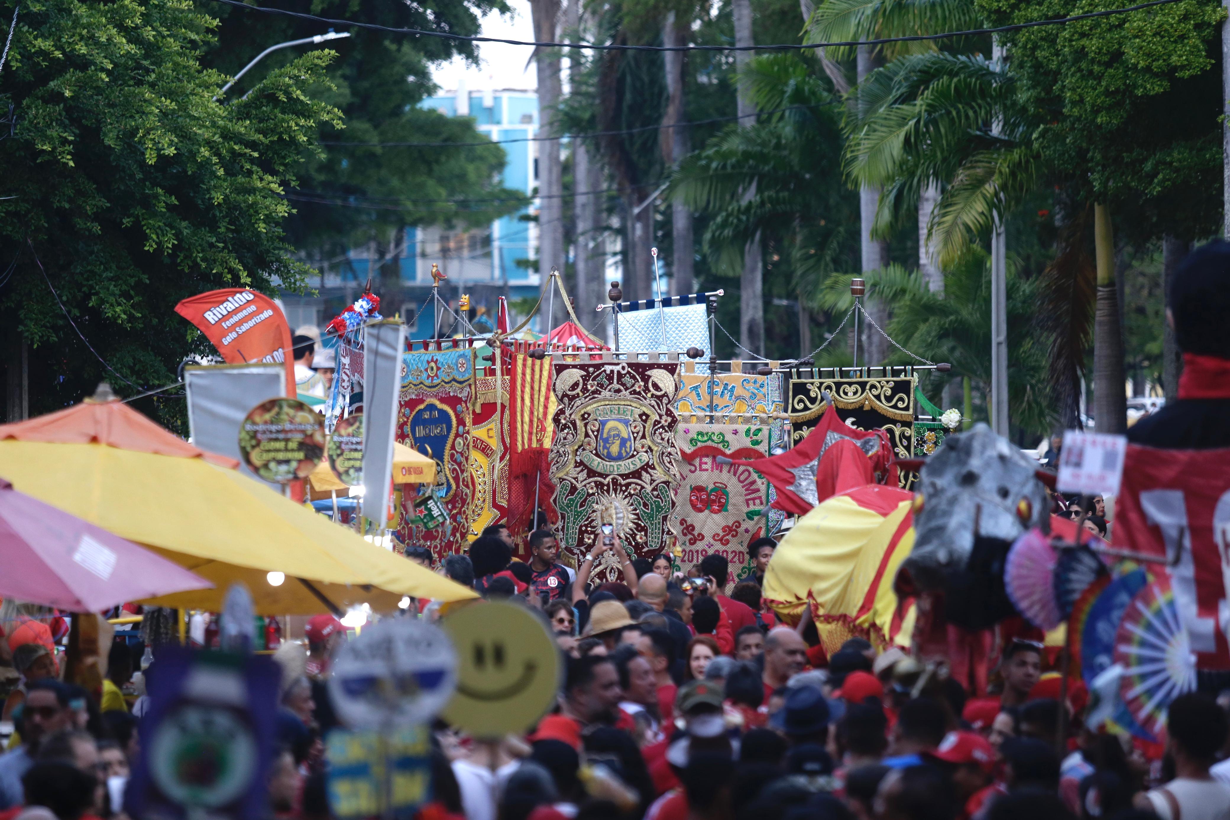 Foto colorida de uma multidão em uma avenida cercada por árvores altas. Em meio à multidão, se vê inúmeros estandartes de agremiações carnavalescas, cartazes e alegorias nas mais variadas cores.