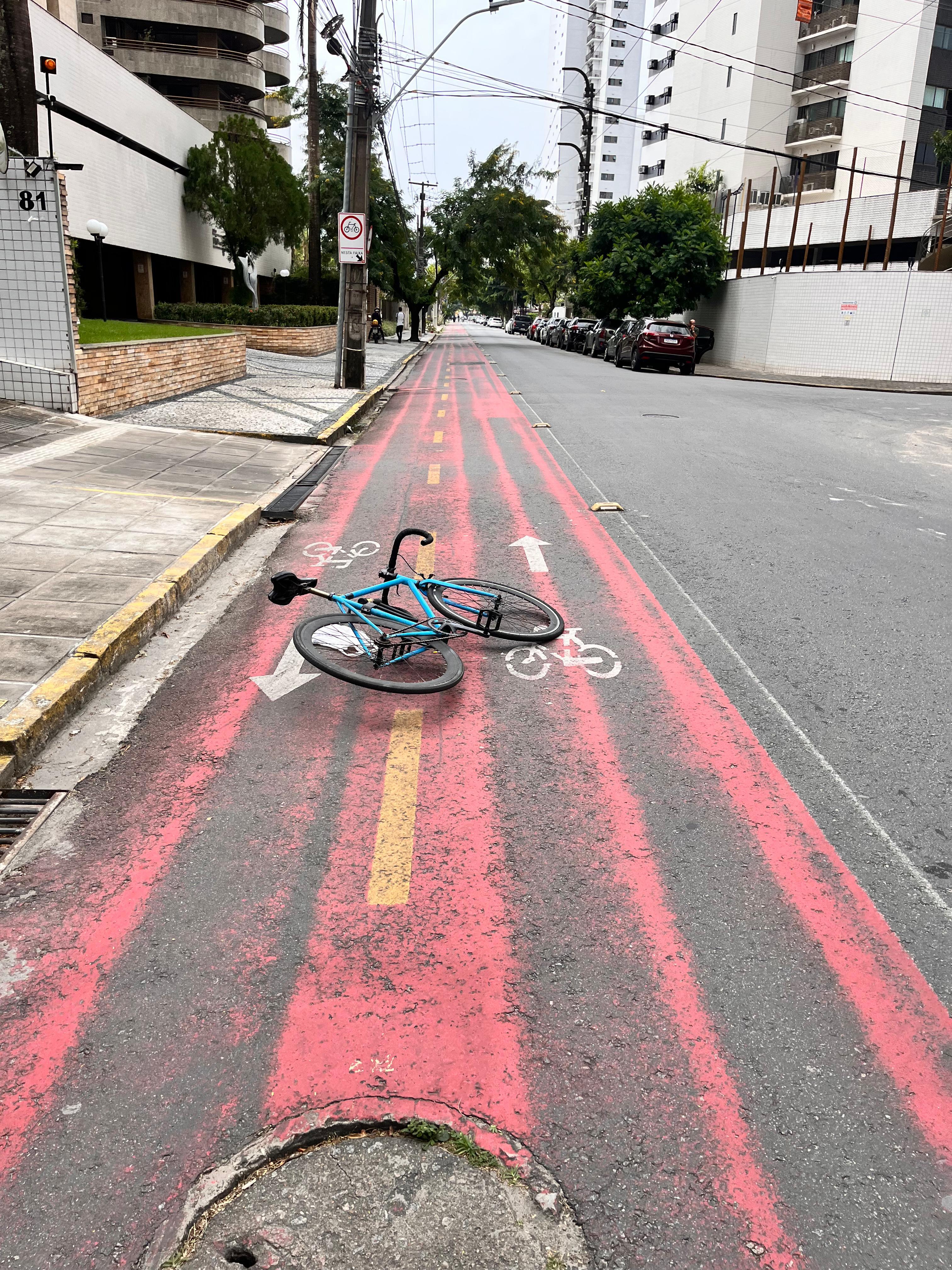 A imagem mostra uma ciclovia pintada de vermelho com uma linha amarela no centro e setas brancas indicando a direção do tráfego de bicicletas. No meio da ciclovia, há uma bicicleta azul caída no chão. A ciclovia está localizada ao lado de uma calçada e de uma rua com carros estacionados. Há prédios altos ao fundo e árvores ao longo da rua. Um poste com uma placa de trânsito está visível à esquerda, indicando que é proibido estacionar.