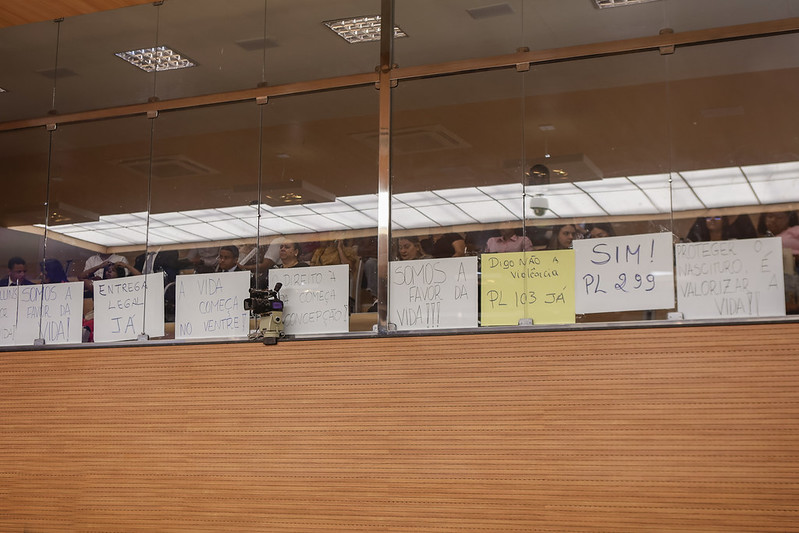 A imagem mostra uma sala com uma parede de vidro, onde várias pessoas estão observando de dentro. Na parte externa da parede de vidro, há vários cartazes pendurados. Os cartazes contêm mensagens escritas à mão, algumas em português e outras em inglês. Um dos cartazes diz SIM! e PL 4293. Outros cartazes têm desenhos e textos variados, mas não são totalmente ilegíveis na imagem.