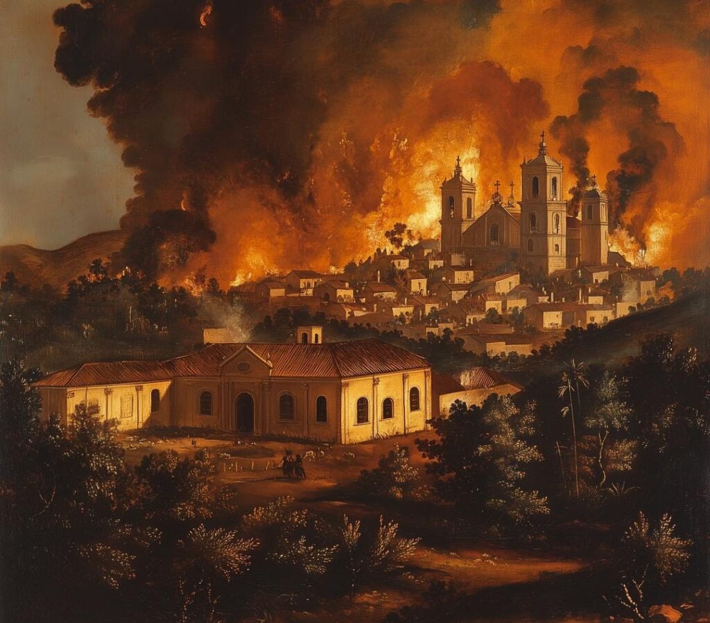 A imagem é uma ilustração de uma cidade em chamas ao fundo, com labaredas intensas e fumaça escura subindo ao céu. No centro do incêndio, destaca-se uma grande igreja com torres, cercada por casas sendo consumidas pelo fogo. Em primeiro plano, há um edifício colonial intacto, com telhado vermelho, cercado por vegetação escura. Algumas figuras humanas aparecem próximas, possivelmente observando ou fugindo. A cena transmite um forte sentimento de destruição e urgência. Ela parece retratar o incêndio de Olinda durante a ocupação holandesa.