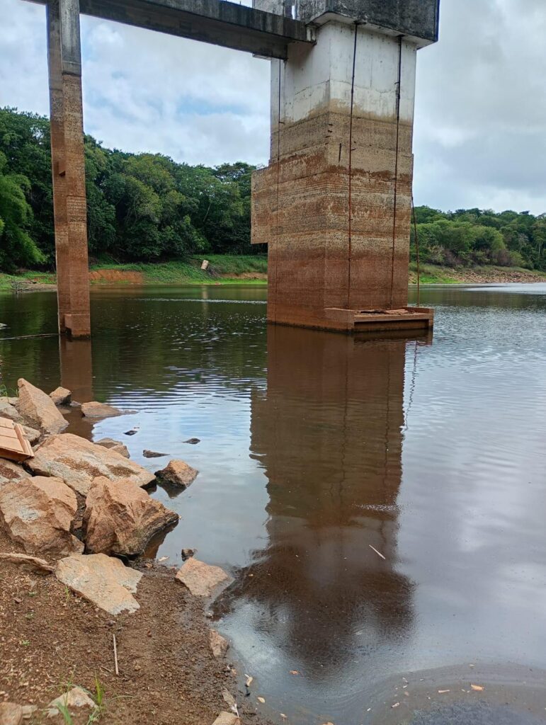 Esta foto mostra uma cena ao ar livre em um ambiente natural com uma estrutura de concreto parcialmente submersa em água. A estrutura parece ser uma ponte ou pilar, com marcas visíveis de diferentes níveis de água ao longo de sua superfície, indicando variações no nível do rio ao longo do tempo. À esquerda, há pedras irregulares na margem do rio, e ao fundo, uma vegetação densa e verde cobre o restante do cenário. O céu parece nublado, sugerindo um clima úmido ou recente chuva. A água é calma e reflete parte da estrutura de concreto e da vegetação ao redor.