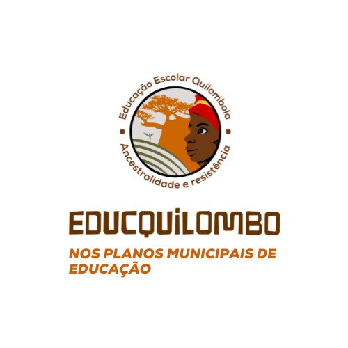A logomarca tem formato circular e representa a identidade da Educação Escolar Quilombola. No centro, há o rosto de perfil de uma pessoa negra com expressão serena, usando um turbante vermelho. Ao fundo, aparece uma paisagem com árvores, colinas e o céu alaranjado, remetendo à natureza e à ancestralidade. Ao redor da imagem central, em forma de círculo, está escrito: “Educação Escolar Quilombola – Ancestralidade e resistência”. Abaixo do círculo, o nome do projeto aparece em letras estilizadas e marrons: “EDUCQUILOMBO”. Logo abaixo, em letras laranja: “Nos Planos Municipais de Educação”.