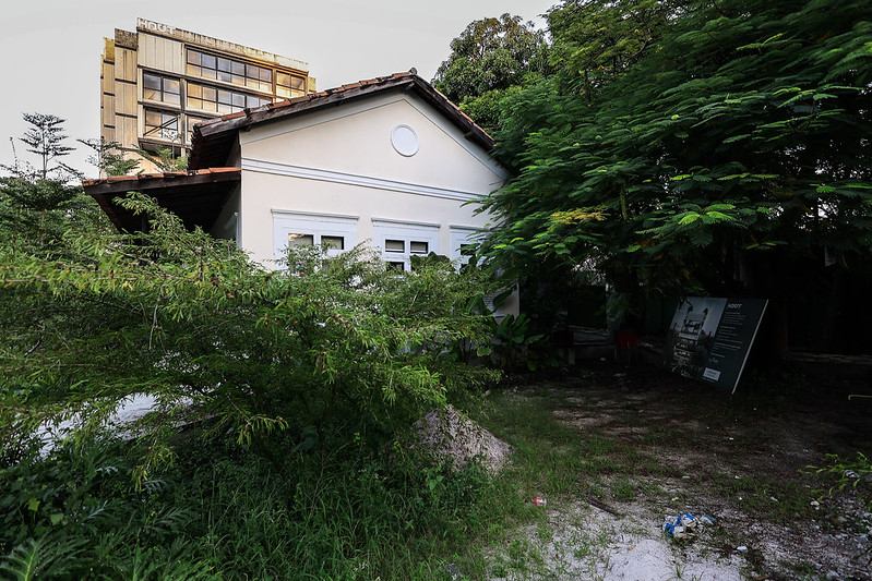 A foto mostra uma casa térrea, simples e de aparência antiga, com paredes brancas, janelas com venezianas brancas e telhado de telhas vermelhas. A casa está parcialmente encoberta por vegetação alta e densa, com arbustos e árvores ao redor, dando a impressão de abandono ou pouca manutenção do terreno. À direita, próximo ao solo, há uma placa informativa com texto e imagem, indicando que pode haver um projeto em desenvolvimento para o local. Ao fundo, parcialmente visível por trás das árvores, aparece um edifício moderno de vários andares com fachada de vidro e madeira clara, contrastando fortemente com a casa antiga em primeiro plano.