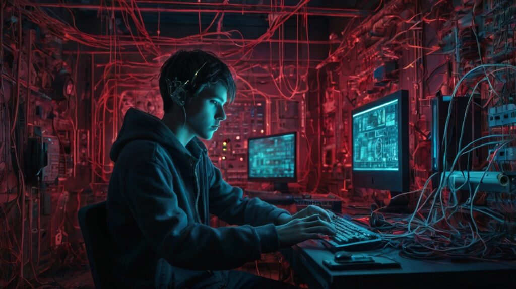 A imagem gerada por inteligência artificial mostra uma cena de ficção científica com forte carga simbólica sobre o machismo digital contemporâneo. No centro, há um jovem de aparência masculina, usando moletom escuro, sentado diante de três monitores acesos com imagens técnicas e complexas em tons azulados, como esquemas eletrônicos e códigos. Ele está digitando em um teclado, com expressão concentrada. O detalhe mais marcante é que sua cabeça está conectada a fios e dispositivos eletrônicos, que se ligam diretamente às máquinas ao seu redor, sugerindo uma fusão entre mente e sistema. O ambiente é fechado, com paredes cobertas por cabos vermelhos que se entrelaçam em todas as direções, criando uma atmosfera opressiva, como se o personagem estivesse preso ou condicionado por esse universo tecnológico. A luz vermelha domina o cenário, misturando-se ao azul das telas, dando uma sensação de alerta e perigo.