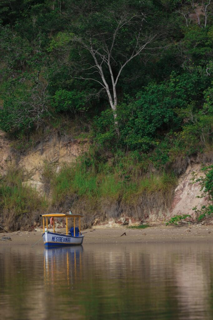 A imagem mostra um pequeno barco de madeira encostado na areia de uma praia tranquila. Ele é pintado de azul, com um teto amarelo simples e o nome “MESTRE DO MAR” escrito com letras brancas na lateral. O mar à sua frente está calmo, parecendo um espelho que reflete a paisagem ao redor. Atrás do barco, há uma encosta coberta por vegetação densa, com árvores e arbustos verdes que dominam a paisagem. Não há pessoas nem movimento