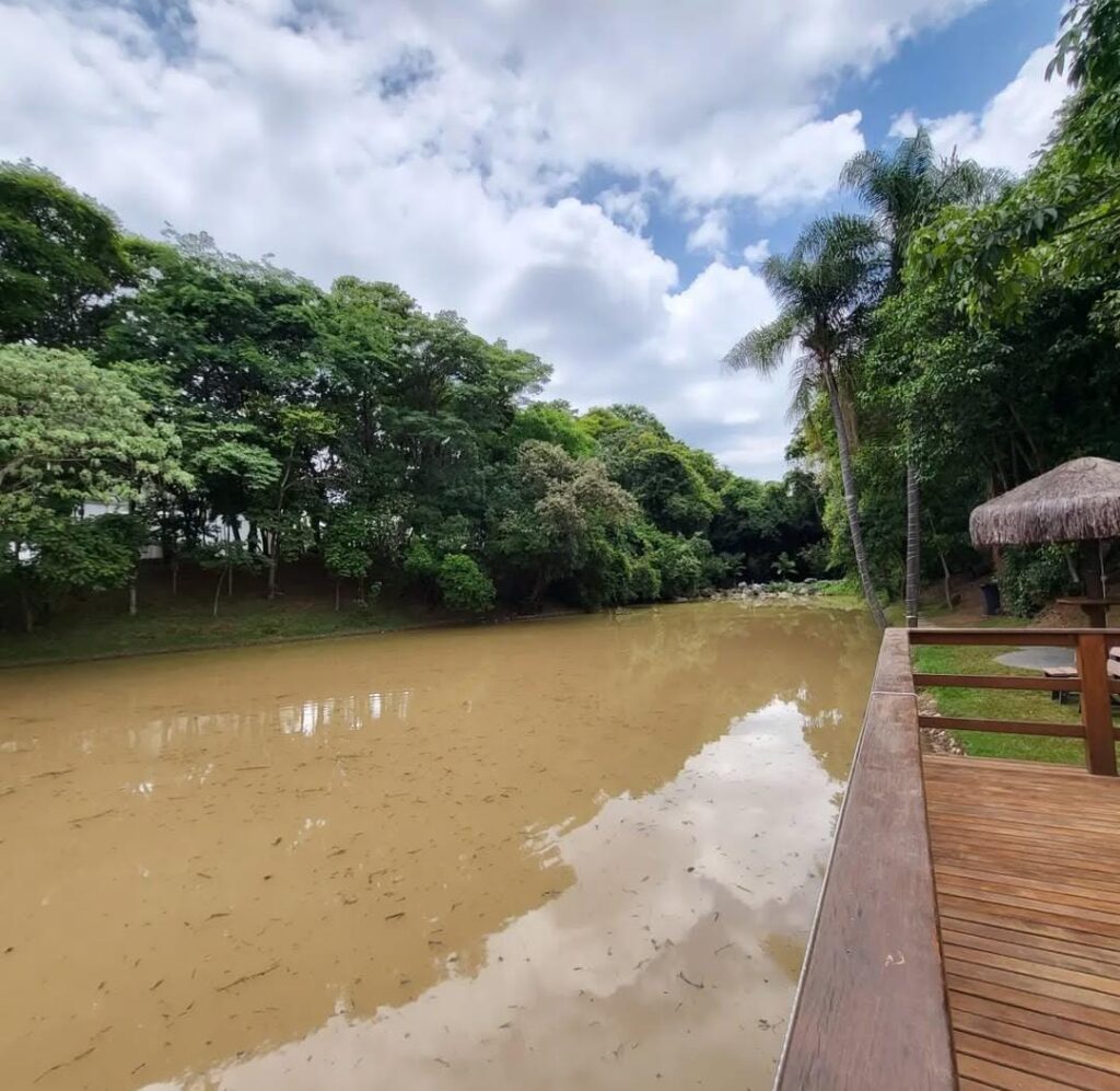 A foto mostra uma paisagem tranquila de natureza, tirada a partir de um deque de madeira à beira de um lago. O deque está no canto inferior direito da imagem e tem cobertura de palha em forma de guarda-sol, sugerindo um espaço de lazer. À frente, vê-se um lago ou rio de águas barrentas e paradas, de coloração marrom clara. A superfície da água reflete parte do céu nublado e algumas árvores. À esquerda e ao fundo, há uma densa mata com árvores de diversos tamanhos, incluindo palmeiras, criando um ambiente de mata ciliar bem preservada. O céu está parcialmente nublado, com nuvens brancas densas, mas algumas áreas ainda deixam entrever o azul do céu.