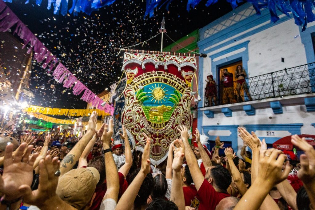 A cena mostra uma multidão vibrante e colorida desfilando pelas ladeiras de Olinda, com foliões contagiados pela música e pela alegria do Carnaval. Em destaque, surge o estandarte com o desenho de um elefante simbólico do bloco Elefante, erguido acima da cabeça das pessoas, com uma presença marcada e bem visível. Entre a multidão, notas de confete colorido flutuam no ar, e bandeirinhas ou serpentinas sugerem movimentação festiva. Ao fundo, é possível perceber casas coloniais típicas do cenário histórico de Olinda, com fachadas claras e arquitetura tradicional.