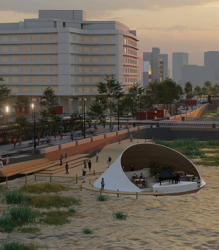 O ChatGPT disse: A imagem mostra uma ilustração arquitetônica de um projeto urbano à beira de um rio, durante o entardecer. No primeiro plano, há uma estrutura moderna flutuante sobre a água, com formato semicircular e cobertura curva branca. Dentro dela, vê-se um piano de cauda e algumas pessoas sentadas, sugerindo uma apresentação musical ao ar livre. A estrutura está conectada à margem por uma passarela de madeira. À beira do rio, há um calçadão largo com pedestres, árvores, postes de iluminação e alguns quiosques vermelhos. Ao fundo, aparece um prédio grande e claro de vários andares, e mais adiante, outros edifícios urbanos em tons neutros, compondo um cenário de cidade moderna.