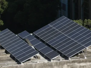 A imagem mostra um conjunto de painéis solares instalados sobre um telhado de concreto. Os painéis estão inclinados, alinhados em fileiras e voltados para a mesma direção, captando a luz solar. Ao fundo, há árvores e parte de um prédio, sugerindo que o sistema está em uma área urbana com vegetação próxima. A cena foi fotografada em um dia claro, com boa iluminação natural.