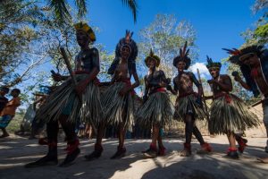 A foto mostra um grupo de homens indígenas do povo Xukuru-Kariri realizando uma dança tradicional ao ar livre. Eles estão alinhados lado a lado, em movimento, com expressões concentradas e postura firme. Todos usam saias feitas de folhas trançadas, cocares coloridos com penas e têm o corpo pintado com desenhos geométricos em tons escuros. Alguns seguram bastões ou instrumentos nas mãos. O chão é de terra batida e, ao fundo, aparecem árvores altas e outras pessoas observando. O céu está azul, indicando que a cena ocorre durante o dia.