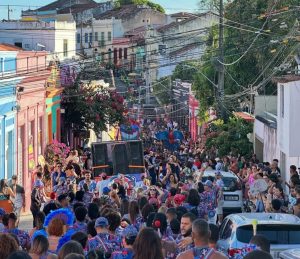 A imagem mostra uma rua estreita e inclinada, típica do centro histórico de Olinda, completamente tomada por foliões durante um bloco de carnaval. As casas coloridas — em tons de azul, rosa, amarelo e verde — formam uma fileira vibrante nos dois lados da rua. Um grande número de pessoas, muitas usando fantasias ou camisetas estampadas do bloco, ocupa todo o espaço disponível. No meio da multidão há um carro de som com caixas de áudio altas. Flores e trepadeiras pendem de algumas fachadas, e fios elétricos cruzam o céu acima. Os foliões caminham, dançam, conversam e tiram fotos, criando uma atmosfera de festa lotada e alegre sob a luz forte do dia.