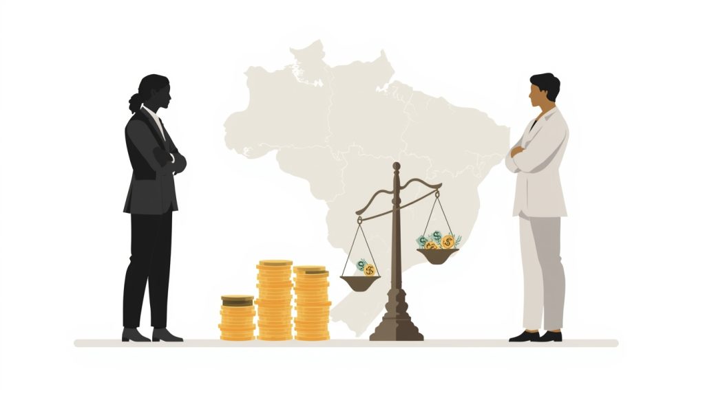 A ilustração mostra, de forma simbólica, a desigualdade salarial entre pessoas negras e brancas no Brasil. No centro da imagem há uma grande balança antiga: o prato do lado direito, mais alto, está cheio de moedas e notas de dinheiro; o prato do lado esquerdo, bem mais baixo, tem menos dinheiro, indicando desequilíbrio. À esquerda da balança está a silhueta de uma pessoa negra, de terno escuro, braços cruzados, ao lado de uma pilha menor de moedas. À direita está a figura de uma pessoa branca, também de terno, observando a balança. Ao fundo, em tom claro, aparece o contorno do mapa do Brasil. Tudo é representado em estilo minimalista, com cores suaves, reforçando a ideia de diferença de renda entre grupos raciais