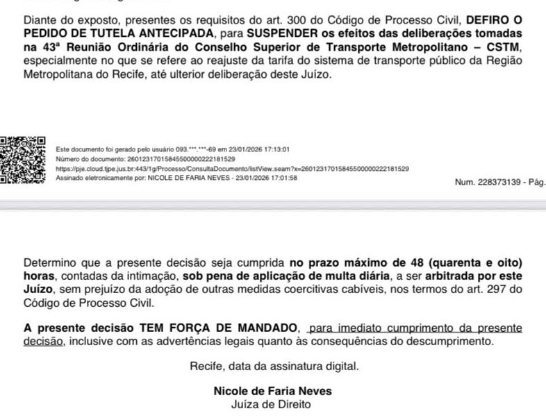 Descrição acessível: Trata-se de uma decisão judicial emitida por uma juíza em Recife, Nicole de Faria Neves, no dia 23 de janeiro de 2026. O documento suspende temporariamente o aumento da tarifa do transporte público na Região Metropolitana do Recife, determinado em reunião do Conselho Superior de Transporte Metropolitano. A decisão tem efeito imediato e deve ser cumprida em até 48 horas, sob pena de multa. O texto inclui número do processo, data e hora da assinatura digital, além de um QR code para consulta online.