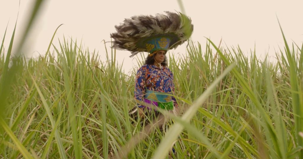 Uma mulher está em pé em um campo de capim alto e verde, que parece ser cana-de-açúcar. Ela veste uma roupa tradicional vibrante: uma blusa azul com estampas florais coloridas, uma faixa verde e roxa na cintura, e um cocar grande e elaborado na cabeça. O cocar é decorado com penas pretas e brancas e detalhes intrincados. O céu ao fundo está nublado ou com névoa, criando uma luz suave sobre a cena.