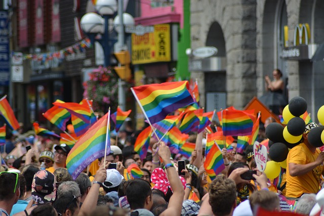 A imagem mostra uma rua movimentada durante uma celebração do Orgulho LGBTQIA+. Há uma multidão de pessoas reunidas, muitas delas segurando bandeiras coloridas do arco-íris — símbolo da diversidade e do orgulho LGBTQIA+. As pessoas estão vestidas com roupas vibrantes e acessórios festivos, transmitindo alegria e união. Algumas seguram cartazes, incluindo um que diz “Pride”. Também há balões amarelos e pretos espalhados entre o público. Ao fundo, vemos prédios com fachadas comerciais, incluindo uma loja com o logotipo do McDonald's. O clima é de festa, inclusão e apoio à comunidade LGBTQIA+