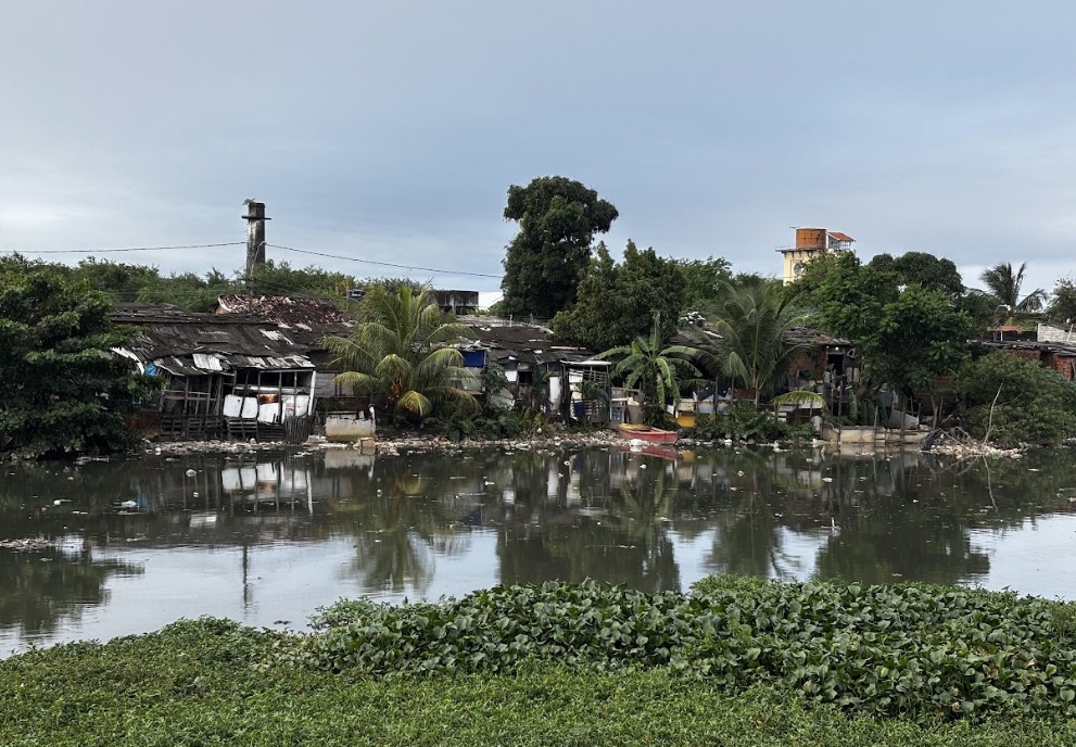 A cena mostra uma fileira de casas simples, feitas de tijolo e concreto, construídas ao longo de um canal de água. As construções parecem antigas e desgastadas: algumas paredes têm tijolos expostos, outras estão pintadas parcialmente ou cobertas por plantas. Em cima dos telhados há caixas d’água, e em uma das janelas vê-se roupas penduradas para secar. O canal tem água escura e parada, e na frente há bastante mato e vegetação crescendo de forma desordenada. O céu está claro, com algumas nuvens espalhadas, indicando um dia ensolarado.