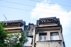 A foto mostra a parte superior de um prédio antigo e desgastado, com sinais de envelhecimento nas paredes. No topo, há uma escultura de um coelho deitado, chamando atenção por ser incomum e curiosa. Logo abaixo, uma placa traz a palavra “COELHO”, em destaque, reforçando a ligação com a escultura. Também aparece um banner com texto em português parcialmente visível, sugerindo propaganda ou promoção de algum negócio. Ao fundo, o céu azul e algumas plantas contrastam com a aparência envelhecida da construção.