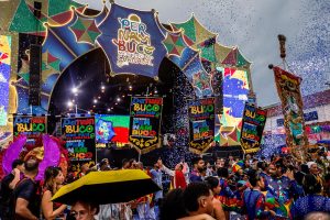 A foto mostra uma cena alegre e colorida do carnaval em Pernambuco, Brasil. No centro, há um palco grande e decorado com padrões geométricos multicoloridos e luzes, com uma faixa que celebra o carnaval da região. Em frente ao palco, uma multidão animada participa da festa: pessoas usam fantasias, seguram sombrinhas típicas e confetes caem pelo ar, criando um clima vibrante. Banners espalhados pelo público destacam mensagens de orgulho regional e apoio do governo local.