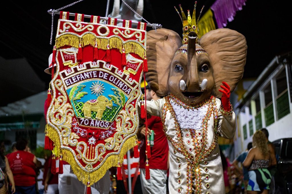 Essa imagem mostra uma celebração de rua à noite, cheia de cores e detalhes festivos. No centro, há uma pessoa vestida com uma fantasia elaborada de elefante: cabeça grande com presas, coroa e roupas bordadas com pedras e enfeites brilhantes. Ao lado dela, aparece um estandarte ricamente decorado com bordados coloridos e franjas, trazendo a inscrição “Elefante de Olinda – 70 anos – 1952 2022”, além da figura de um elefante dourado sob o sol, cercado por palmeiras. Ao fundo, outras pessoas em trajes festivos participam da comemoração, reforçando o clima alegre e cultural de um carnaval ou festa tradicional brasileira.