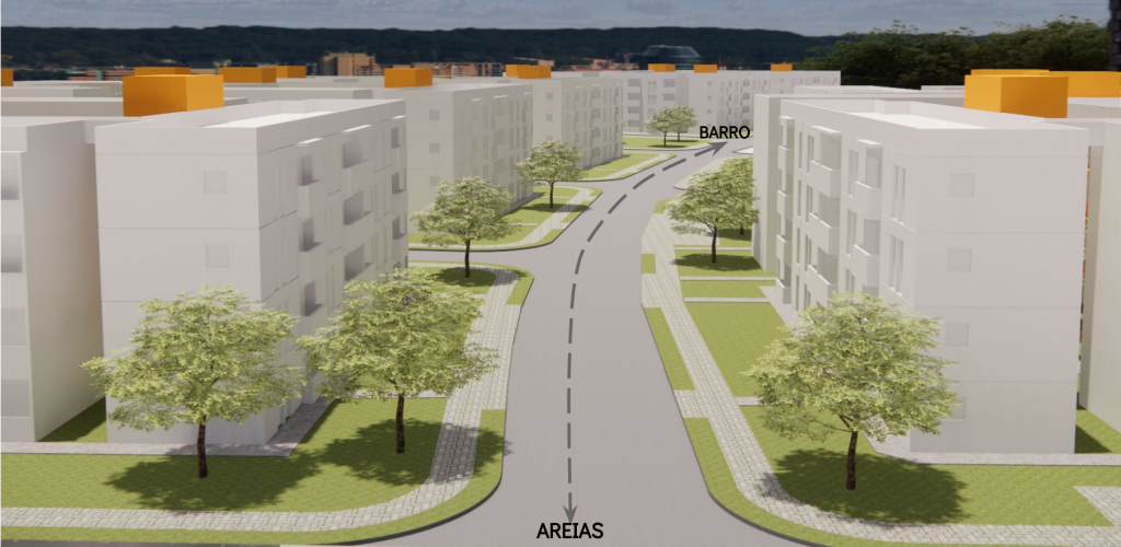A imagem mostra uma maquete digital de um conjunto residencial planejado. São vários prédios idênticos, todos brancos, com quatro andares e telhados planos. Em alguns telhados há estruturas laranjas que se destacam. Os prédios estão dispostos ao longo de uma rua curva, que tem faixa tracejada no centro e calçadas com áreas de grama. Árvores verdes estão plantadas em intervalos regulares, dando um aspecto organizado e agradável ao espaço. Na rua aparecem duas indicações: uma seta para baixo com a palavra “AREIAS” e outra para cima com a palavra “BARRO”, sugerindo direções ou bairros próximos. Ao fundo, além dos prédios, vê-se uma paisagem com mais construções e uma área de vegetação ou colinas.