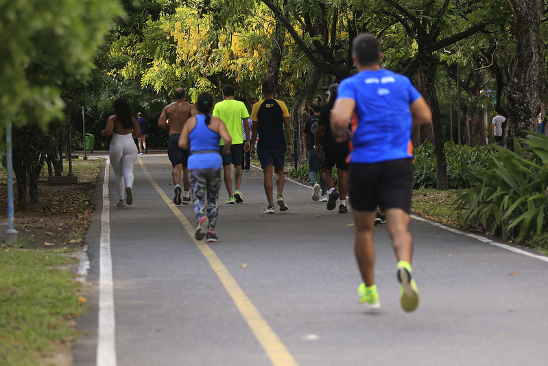 A foto mostra um grupo de pessoas caminhando e correndo em um parque. Elas estão em uma pista pavimentada com linhas amarelas e brancas que delimitam o caminho. Ao redor, há muitas árvores e vegetação, criando um ambiente verde e agradável. As pessoas usam roupas esportivas, como camisetas, shorts e leggings, e parecem estar praticando exercícios ou aproveitando o espaço para lazer.