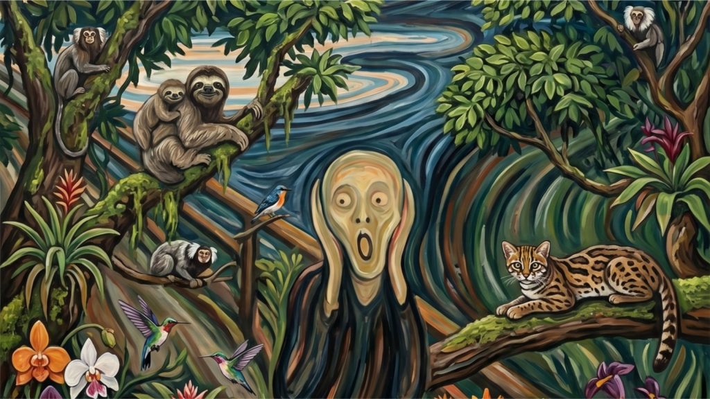 A imagem mostra uma cena artística surreal: no centro está a figura famosa de “O Grito”, com rosto pálido e mãos na cabeça, como se estivesse em choque. Em volta dela, há uma floresta tropical cheia de vida — aparecem bichos como preguiças, macacos, um felino pequeno parecido com um ocelote, além de aves coloridas e flores tropicais. O fundo mistura o céu ondulado da pintura original com a vegetação verde, criando um contraste entre a expressão de angústia da figura e a beleza calma da natureza.